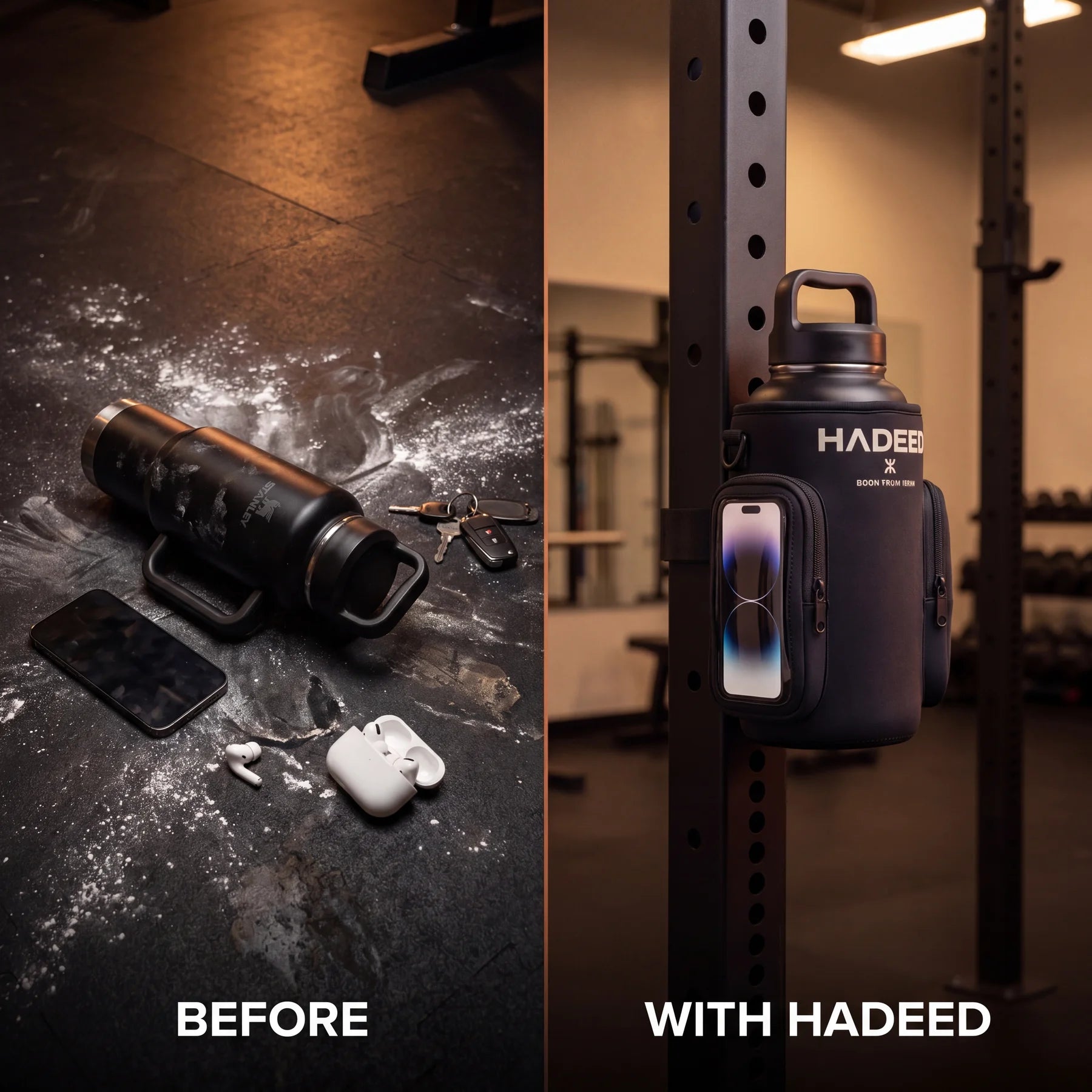 Gym floor chaos versus organized carrier on rack