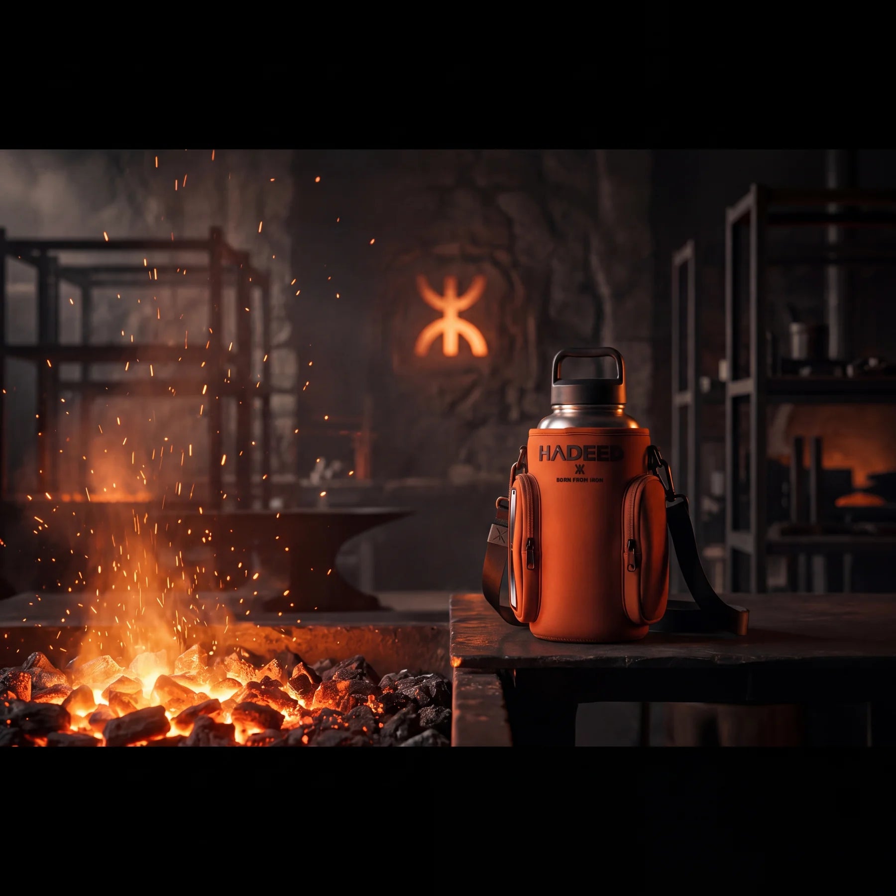 Atmospheric forge imagery - molten iron and ember light